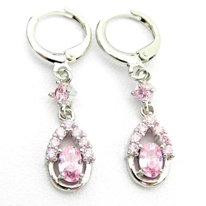 Cubic Zirconia Silver Plated Pink Stone Pierced Hoop Drop Dangle Small Earrings - Picture 1 of 10