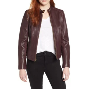Women Real Leather Jacket Biker Motorcycle Genuine Soft Lambskin Burgundy Coat - Picture 1 of 6