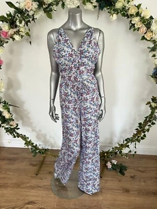 Boohoo Wrap Front Jumpsuit Size 10 White Floral Spot Print Strap Tie Waist MC86 - Picture 1 of 18