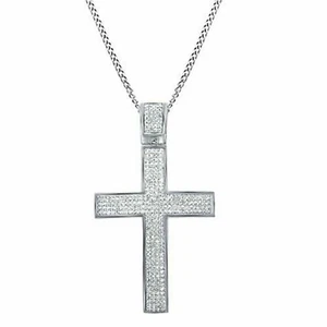 14K White Gold Plated Men's 2" Round Pave Real Moissanite Cross Pendant 1.88Ct - Picture 1 of 6