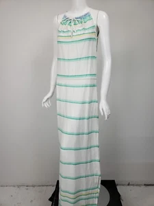 JOIE SOFT White Green Yellow Stripe Gauzy Cotton Tie Neck Maxi Dress sz S - Picture 1 of 5