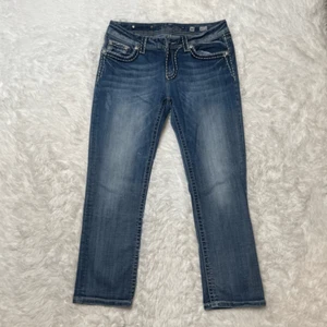 MISS ME Denim Jeans Easy Capri Size 30 Distressed Bling Missing Button - Picture 1 of 15