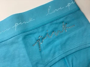 Mutandine hipster Victoria's Secret rosa bling logo strass blu acqua L XL NUOVE CON ETICHETTE - Foto 1 di 4