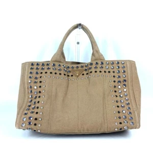 PRADA Canapa logo studs Bag Tote Bag Shoulder Bag Hand Bag Canvas Beige - Foto 1 di 17