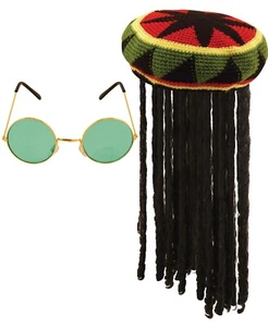 Jamaican Rasta Hat Green Round Frame Glasses Bob Marley Caribbean Set - Picture 1 of 3