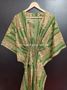 Abito da notte caftano vintage indiano 100% cotone stampa tigre verde maxi donna abbigliamento da notte - Foto 1 di 7
