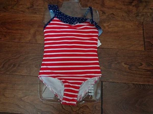 Traje de baño patriótico rojo/blanco/azul St. Tropez niñas nuevo con etiquetas talla 4 una pieza rojo/blanco/azul con volantes - Imagen 1 de 5