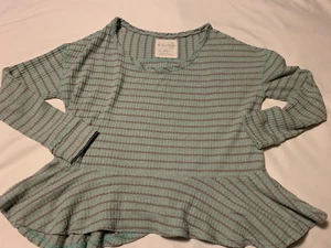 We the Free People Tante Em Md türkis Waffel Strick Schößchen Shirt Bluse Langarm - Bild 1 von 7