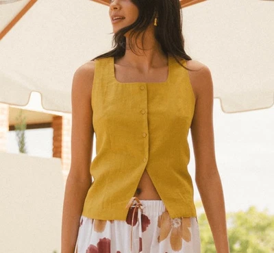 全新带标签 Lullaby Club 女式 XS Ella 背心亚麻混纺纽扣苔藓颜色新品 — 第 1/4 张图片