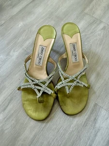 Jimmy Choo Lime Green Crystal Thong Sandals Slim Low Heel Sz 37.5 US 7 - Picture 1 of 9
