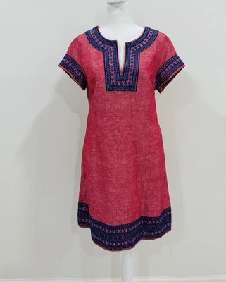 Vestido Vineyard Vines 6 Rojo Mezcla de Lino Azul Bordado Bordado Hasta la Rodilla Cambio Foto 1 de 4