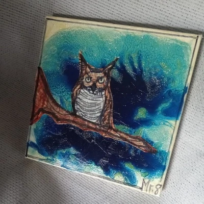 Original Painting Signed By Artist Mister 8 - OWL FOLK ART 8x8" - image 1 of 4