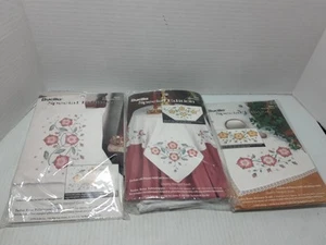 Bucilla Special Edition Stamped Pillowcase Tabletopper Scarf Set Tudor Rose  - Picture 1 of 7