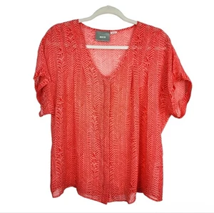 Maeve Anthropologie Seide Kurzarm Oberteil koralle orange Chevron Knopfleiste Bluse - Bild 1 von 14