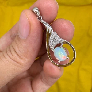 925 Sterling Silver Pendant 7x5mm Oval Opal Natural Gemstone Zircon Bridal Gift - Picture 1 of 10