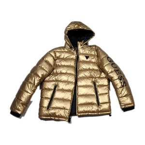 GUESS Men's Holographic Hooded Puffer Jacket Gold XL 1X LARGE NY Bubble Hoodie - Picture 1 of 9