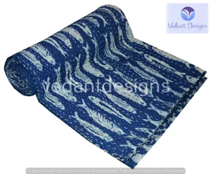 Indian Handmade Fish Print Kantha Quilt Throw Cotton Blanket Queen Bedspread - Picture 1 of 5