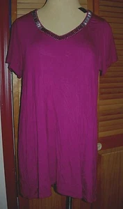 Lane Bryant Bead Embellished Dark Pink V Neck High Low Knit Top w/ Mesh Sleeves - Picture 1 of 4