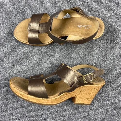Sandali Clarks donna 10 cinturino in pelle bronzo cinturino slingback tacco a zeppa regolabile