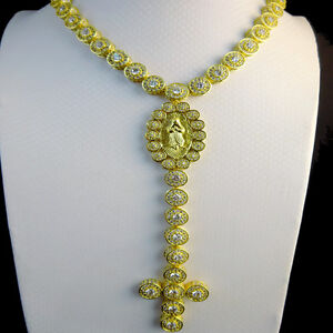 MEN CLUSTER FLOWER ROSARY NECKLACE LAB SIMULATE DIAMOND LINK SETCHAIN YELLOW G/P