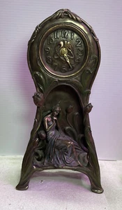 Bronze  Art Nouveau Table Clock with Woman and Flower Tulip Veronese - Picture 1 of 6