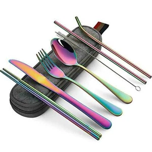 Juego de 8 piezas de cuchillos tenedor cuchara palillos vajilla cena cubiertos de viaje - Imagen 1 de 19
