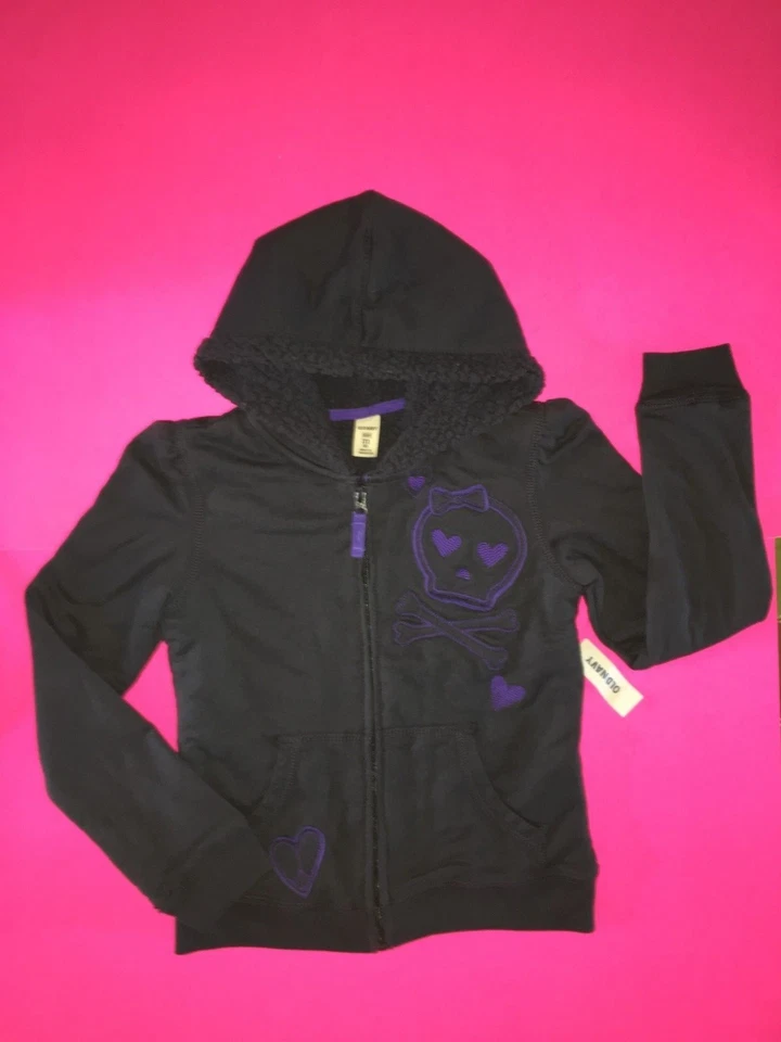NUEVO CON ETIQUETAS SUDADERA CON CAPUCHA ANTIGUA AZUL MARINO PARA NIÑAS GRIS MEDIANA 8 SHERPA FORRADA MORADA HUESOS CRUZADOS CALAVERA LAZO Foto 1 de 1
