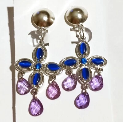 Ohrclips Cateye Tropfen Strass Clips Ohrringe silberf blau flieder lavendel lila - Bild 1 von 4