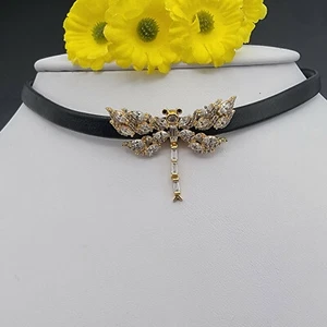 18K Gold Plated Dragonfly Choker Collar Necklace. Black cord with Lobster Clasp - Picture 1 of 3