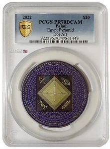 2022 3 Oz Silver $20 Palau Dot Art EGYPT PYRAMID PCGS PR70DCAM Gold Shield Coin. - Picture 1 of 20
