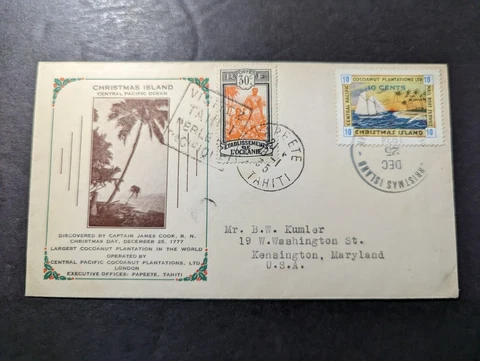 1936 Christmas Island Cover Papeete Tahiti to West Warwick RI USA Cover