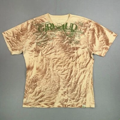 Рубашка мужская Marithe Francois Girbaud XXL бежевая коричневая зеленая с V-образным вырезом тату искусство Y2K - Изображение 1 из 4