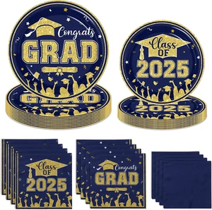 Graduation Party Decorations 2025 Navy Blue and Gold,Disposable Congrats Grad Pl - Picture 1 of 12