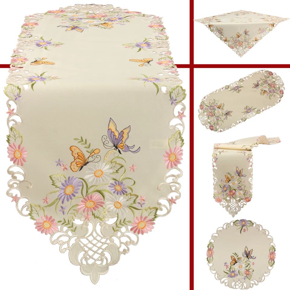 Schmetterling Tischläufer Mitteldecke Tischdecke Set Ecru bunte Blumen Stickerei - Bild 1 von 1