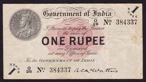 India 1 Rupee 1917 Banknote P-1e Signature A C McWatters - Picture 1 of 2