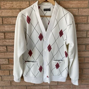 90s Haband argyle cream cardigan sweatshirt knit size Large dad grandpa prep y2k - Picture 1 of 12