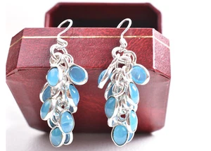 Trauben Blumenstrauß Aquamarin Marine Handgefertigt Rhodium Poliert Elegant Lang - Bild 1 von 5