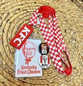 KFC 3-Piece Bundle – Red Checkered Lanyard ID Badge Holder + 2 Buttons - Picture 1 of 6