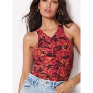 Evereve Floral Mesh Ruched Tank Top Size XL Pink Black V Neck Racerback NEW - Picture 1 of 8