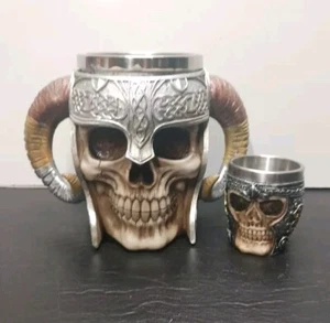 Viking Skeleton Mug with Horn Handles Stainless Steel Cup W/ Shot Glass - Picture 1 of 12