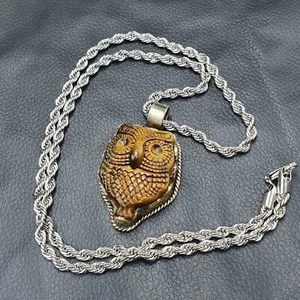 Vintage Tiger Eye Carved Owl Shape Brass Pendant With Stainless Steel - Picture 1 of 17