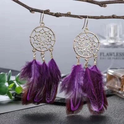 Fashion Women Bohemian Vintage Earrings Big Dream Catcher Feather Tassel 1491 - Image 1 of 4