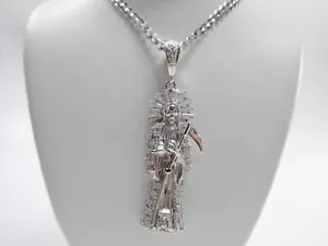 REAL 925 STERLING SILVER 22"CHAIN AND LARGE SANTA MUERTE PENDENT RHODIUM FINISH - Picture 1 of 10