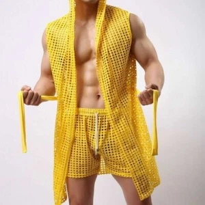 Herren Netz Bademantel Morgenmantel Pyjama Loungewear Nachtwäsche Kapuze - Bild 1 von 25