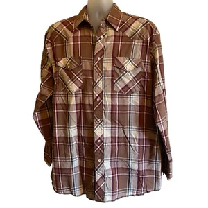VTG Wrangler Pearl Snap Brown Tan Beige Cowboy Rodeo Western Shirt 17x36 Tall - Picture 1 of 5