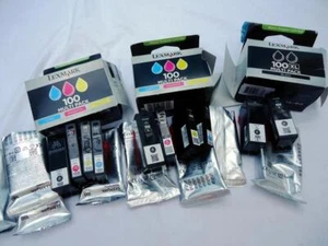 LEXMARK 100 XL BLACK & 100 THREE COLOUR 10 EMPTY CARTRIDGES NEVER REFILLED LOT 2 - Picture 1 of 3