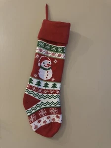 Red white and green knitted snowman Christmas stocking 21" - Picture 1 of 3