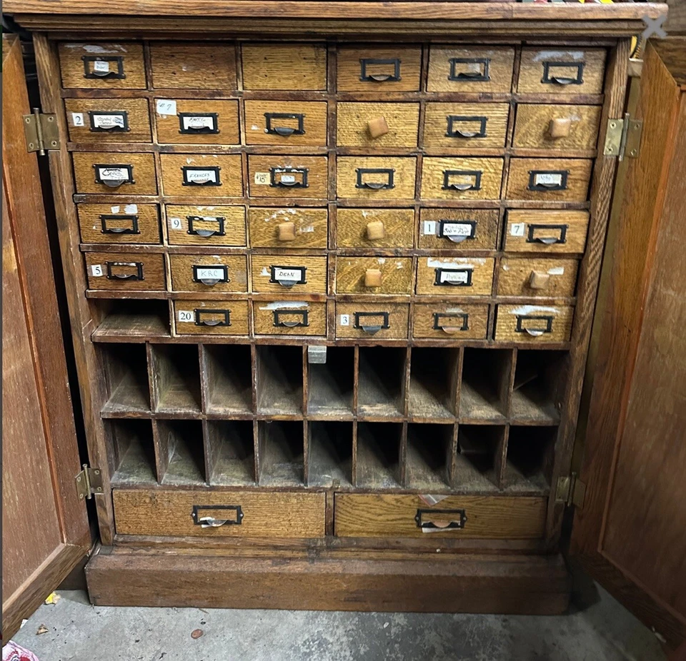 Antique Oak Card Catalog 38 drawer & 18 Cubbyholes Library Apothecary Cabinet - Image 1 of 2