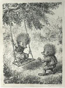 A. Paul Weber  " Auf der Schaukel " 1980 Große Orig.Lithografie aus dem Nachlass - Bild 1 von 5