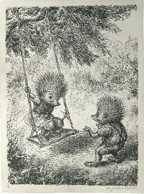 A. Paul Weber  " Auf der Schaukel " 1980 Große Orig.Lithografie aus dem Nachlass - Bild 1 von 4